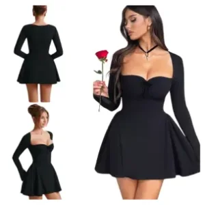 Women Square Collar High Waist Slim Fit Dresses